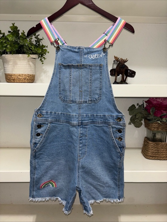 Source Unknown Pants - Women’s Denim Coverall With Adjustable Rainbow Straps  And Embroidery Detail-XS